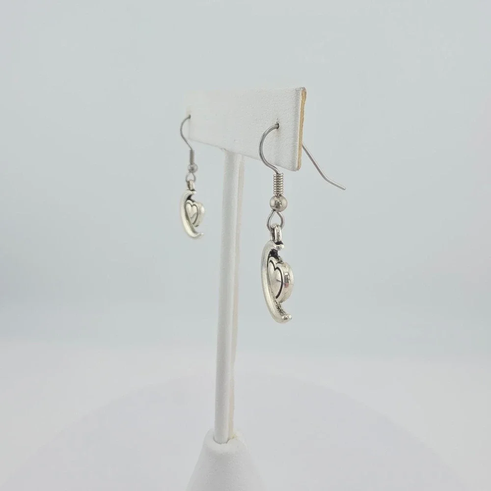 Vintage Crescent Moon Heart Earrings Engraved Puffy Heart Silver Plate